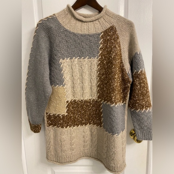 RTW Sweaters - Vintage Patchwork Cable Knit Sweater Wool Cotton Blend Retro Size Medium